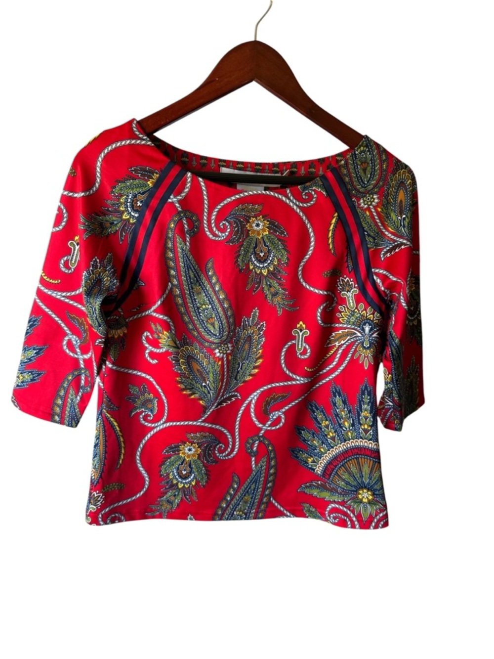 Gretchen Scott Designs Red Paisley Boat Neck Top with Blue & Yellow Accents